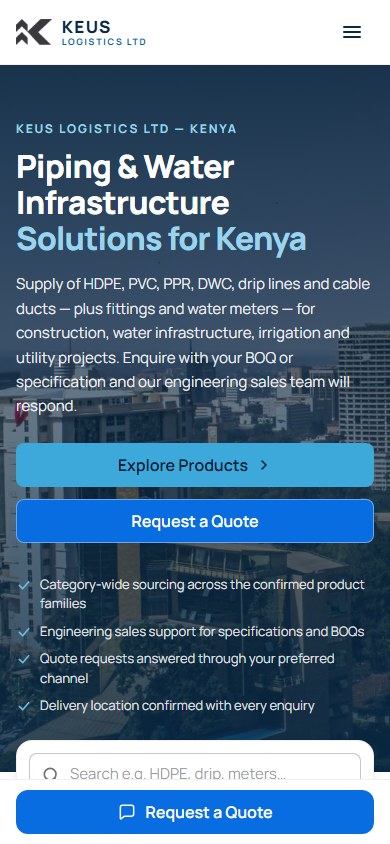 KEUS Logistics homepage on mobile