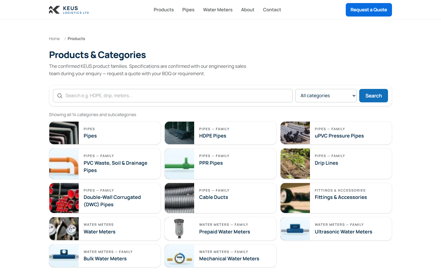 KEUS Logistics products page with search, category filtering and product families