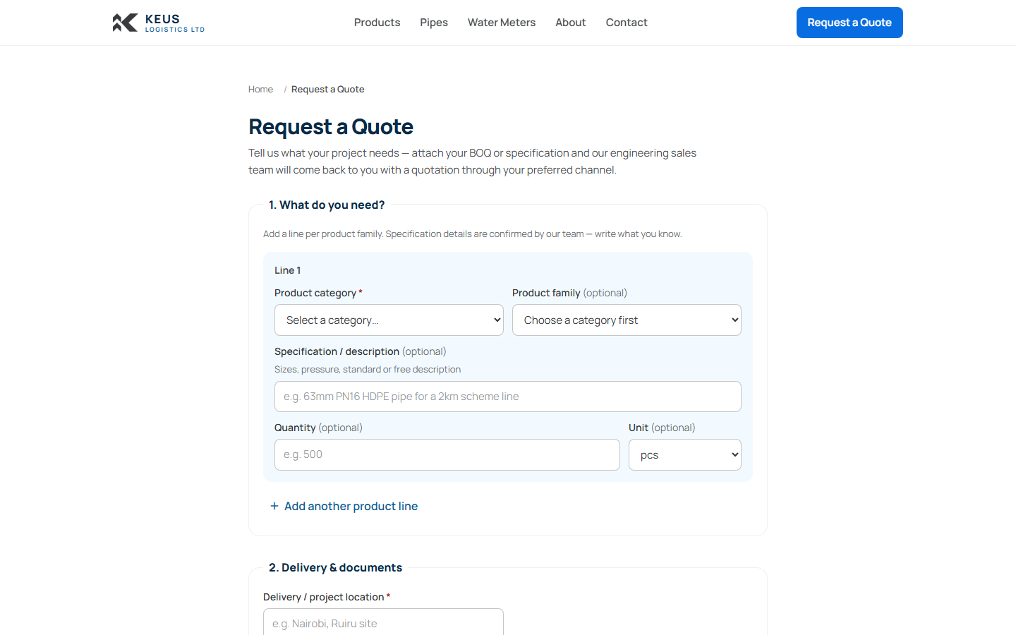 KEUS Logistics request-a-quote form with product lines and BOQ attachment