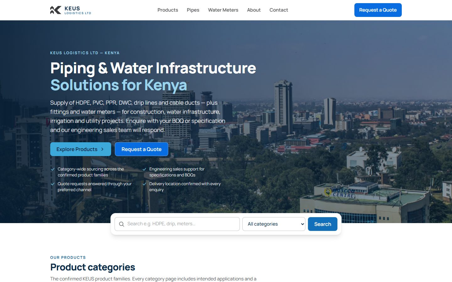 KEUS Logistics homepage — Piping & Water Infrastructure Solutions for Kenya